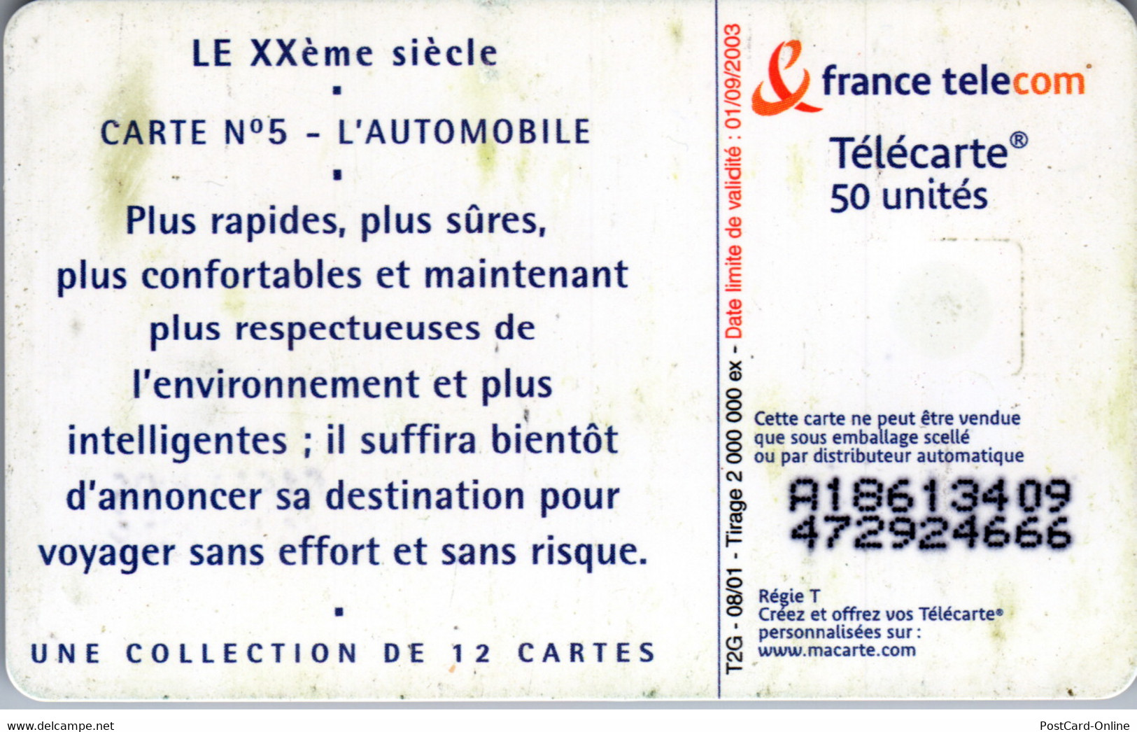 18805 - Frankreich - Le XXeme Siecle , Carte N° 5 - L'Automobile - 2001