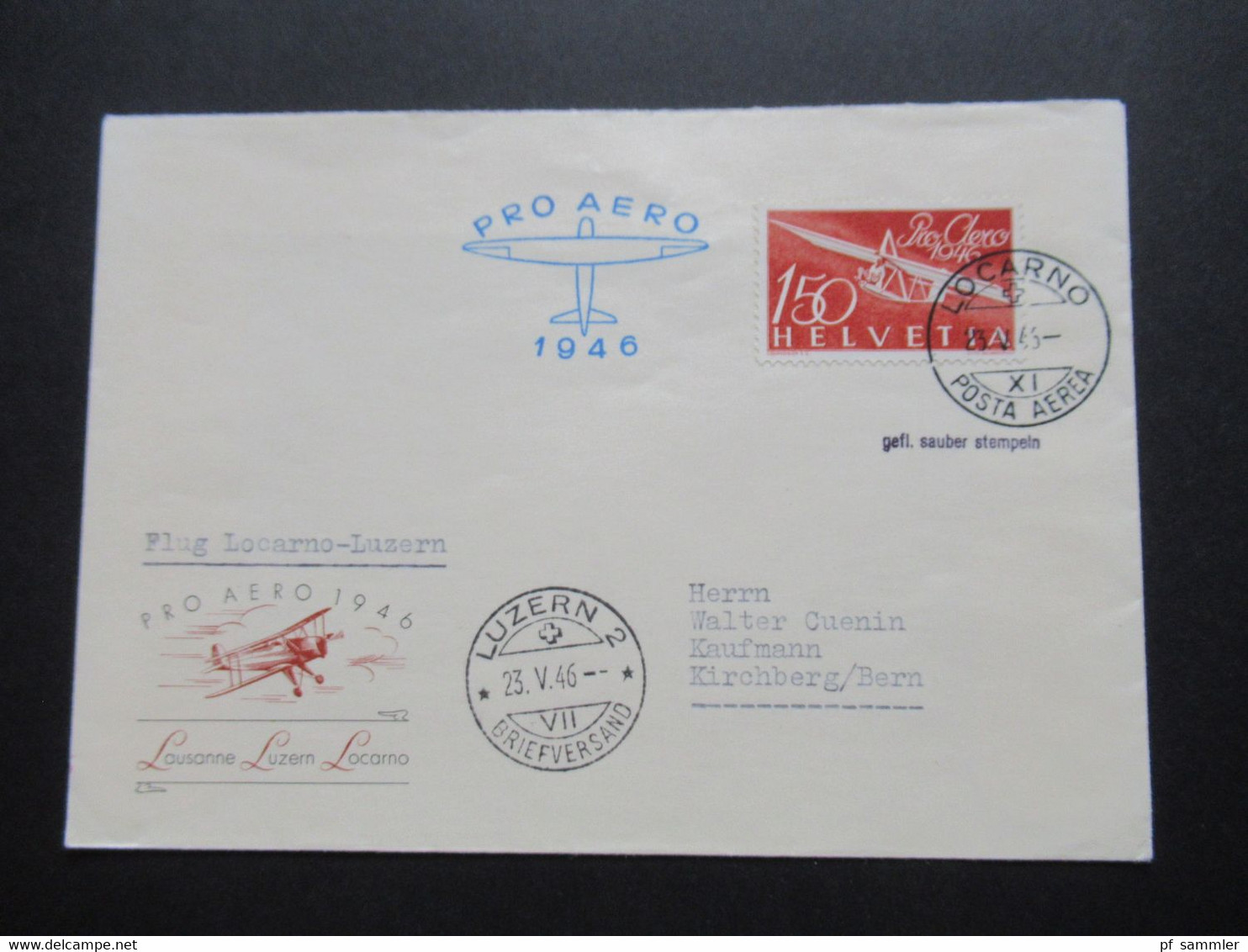 Schweiz 23.5.1956 Pro Aero Nr.470 Sonderbeleg Flug Locarno - Luzern Stempel Locarno Posta Aerea - Primi Voli