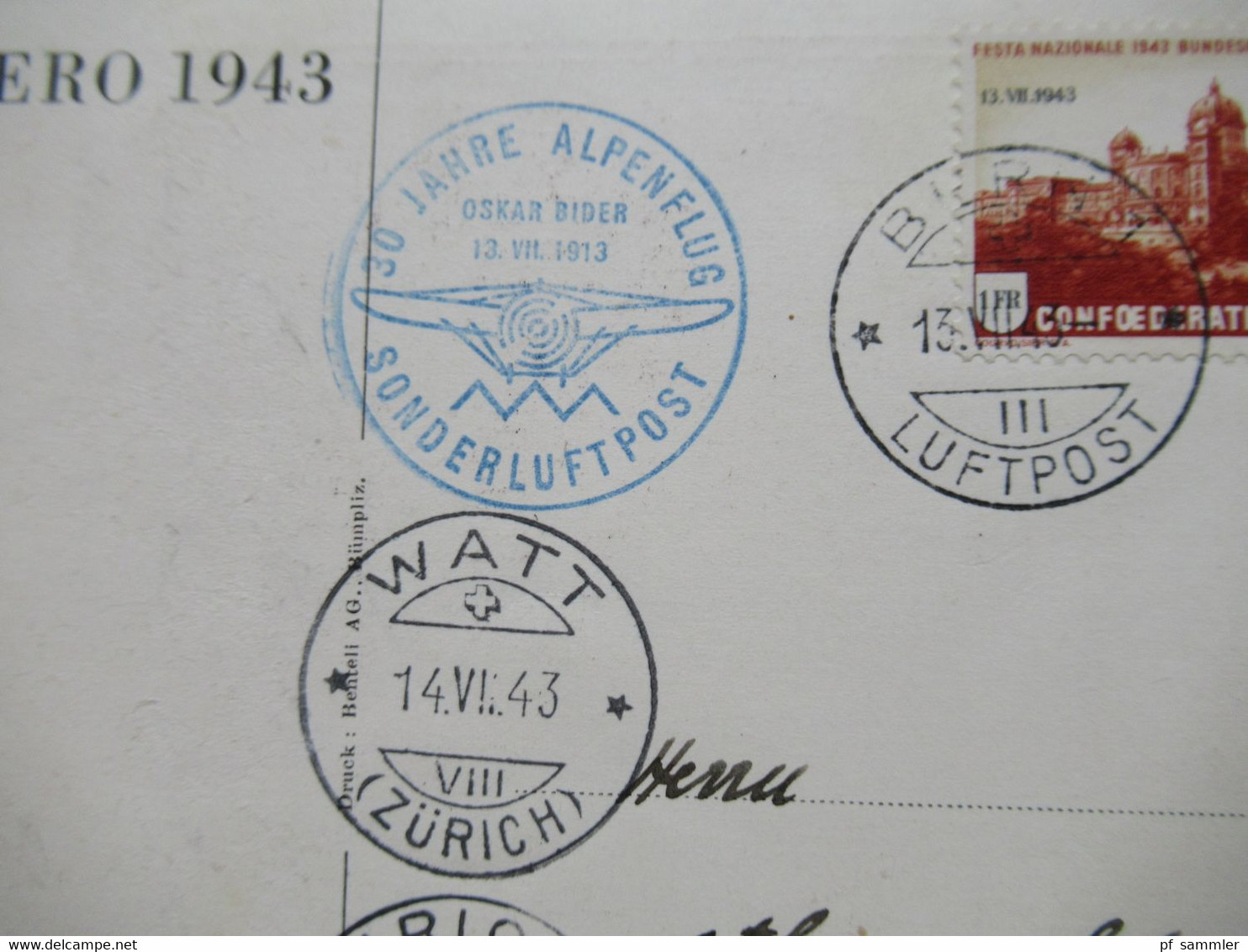 Schweiz 1943 30 Jahre Oskar Bider Alpenflug Bern - Mailand Sonderflugpost Nr.422 Mit 4 Stempel Bern Luftpost Pro Aero - Primeros Vuelos