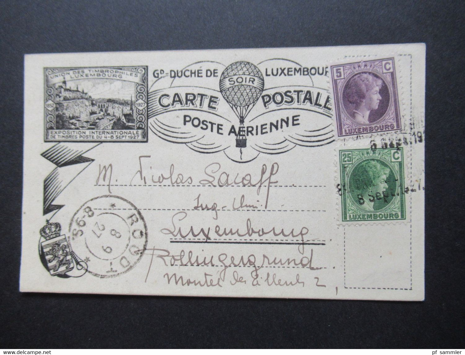 Luxemburg 1927 Poste Aerienne Stempel L3 Par Ballon Exp. Phil. Luxembourg Stempel Roodt Ballonpost - 1921-27 Charlotte De Frente