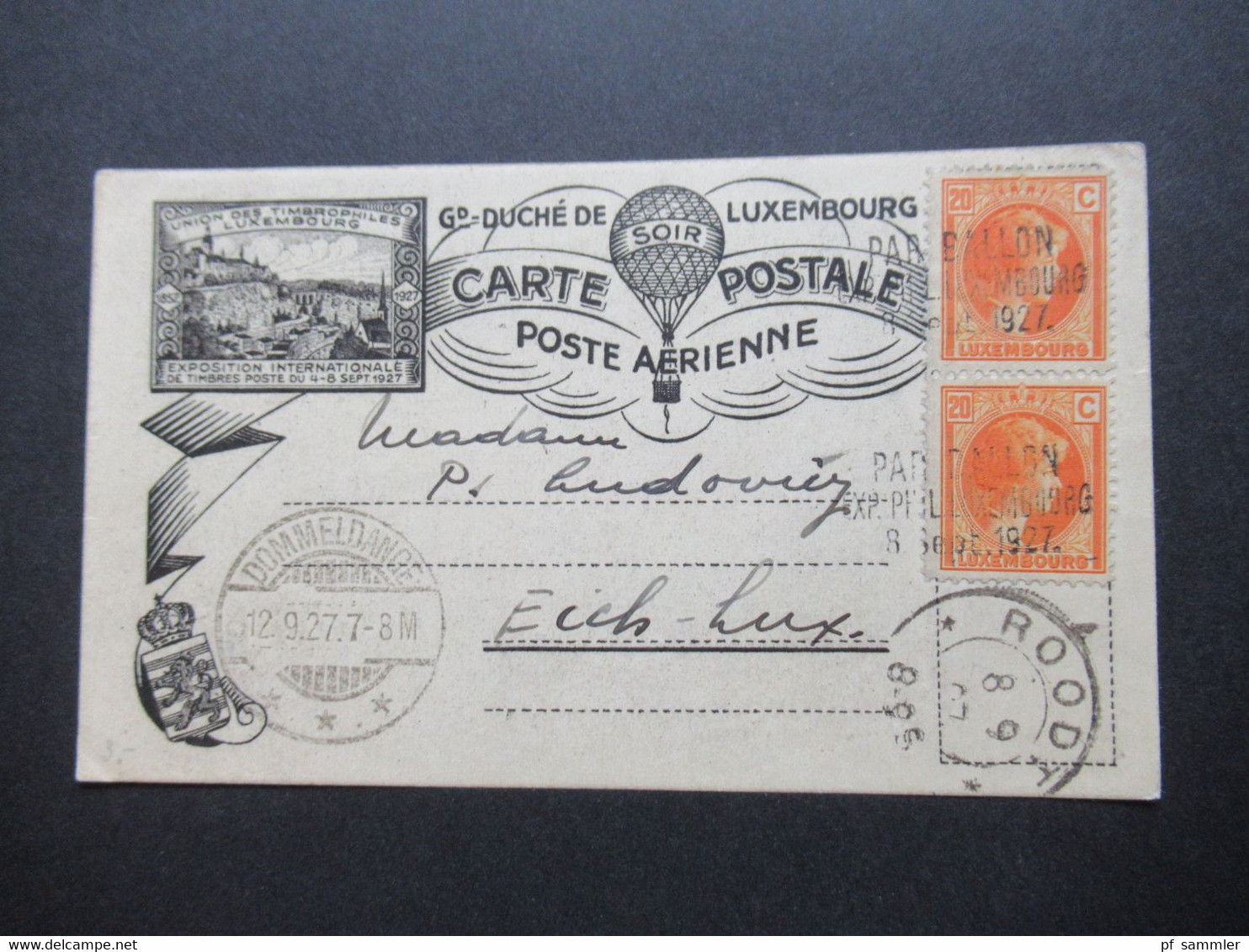 Luxemburg 1927 Poste Aerienne Stempel L3 Par Ballon Exp. Phil. Luxembourg Stempel Roodt Ballonpost - 1921-27 Charlotte Di Fronte