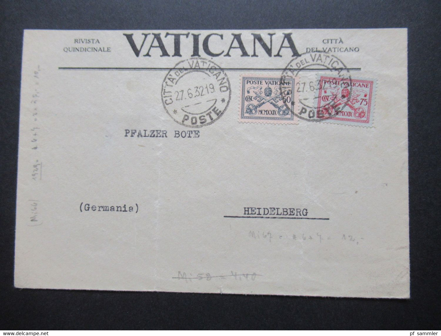 Vatikan 1929 / 32 Freimarken Nr.6 Und 7 MiF Umschlag Vaticana Citta Del Vaticano Nach Heidelberg Gesendet - Briefe U. Dokumente