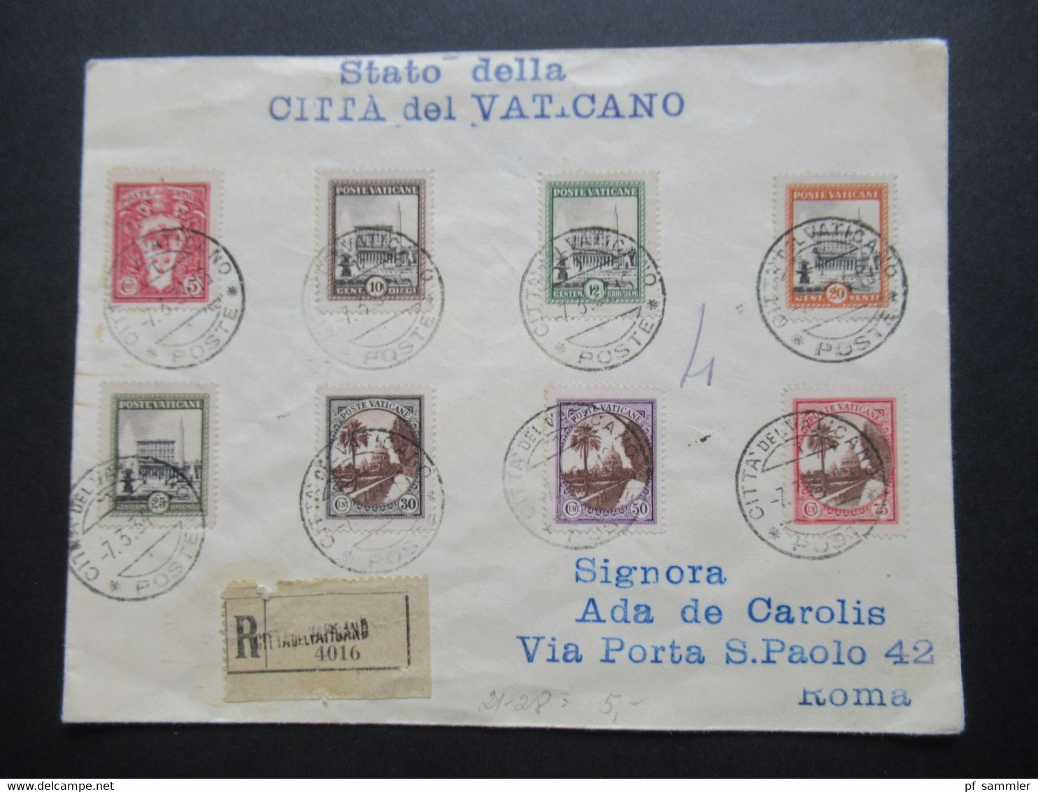 Vatikan 1933 Freimarken Nr.21 - 28 Einschreiben Citta Del Vaticano Nach Roma Gesendet - Storia Postale