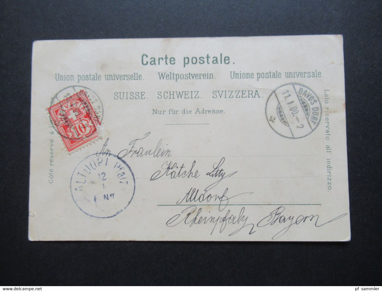 Schweiz 1900 AK Mit Wappen Stempel Davos Dorf Und Ank. Stempel Altdorf (Pfalz) In Bayern / Altdeutschland - Lettres & Documents