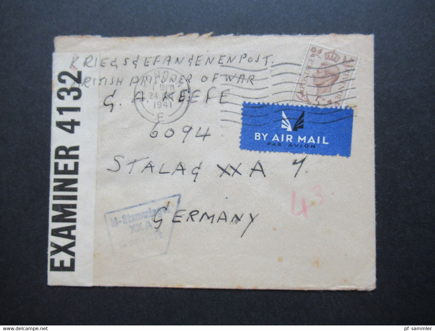 Besetzung 2.WK Besetzes Polen 1941 POW Zensurbeleg British POW Zensurstempel M - Stammlager XXA / Stalag XXA 1 - Occupation 1938-45