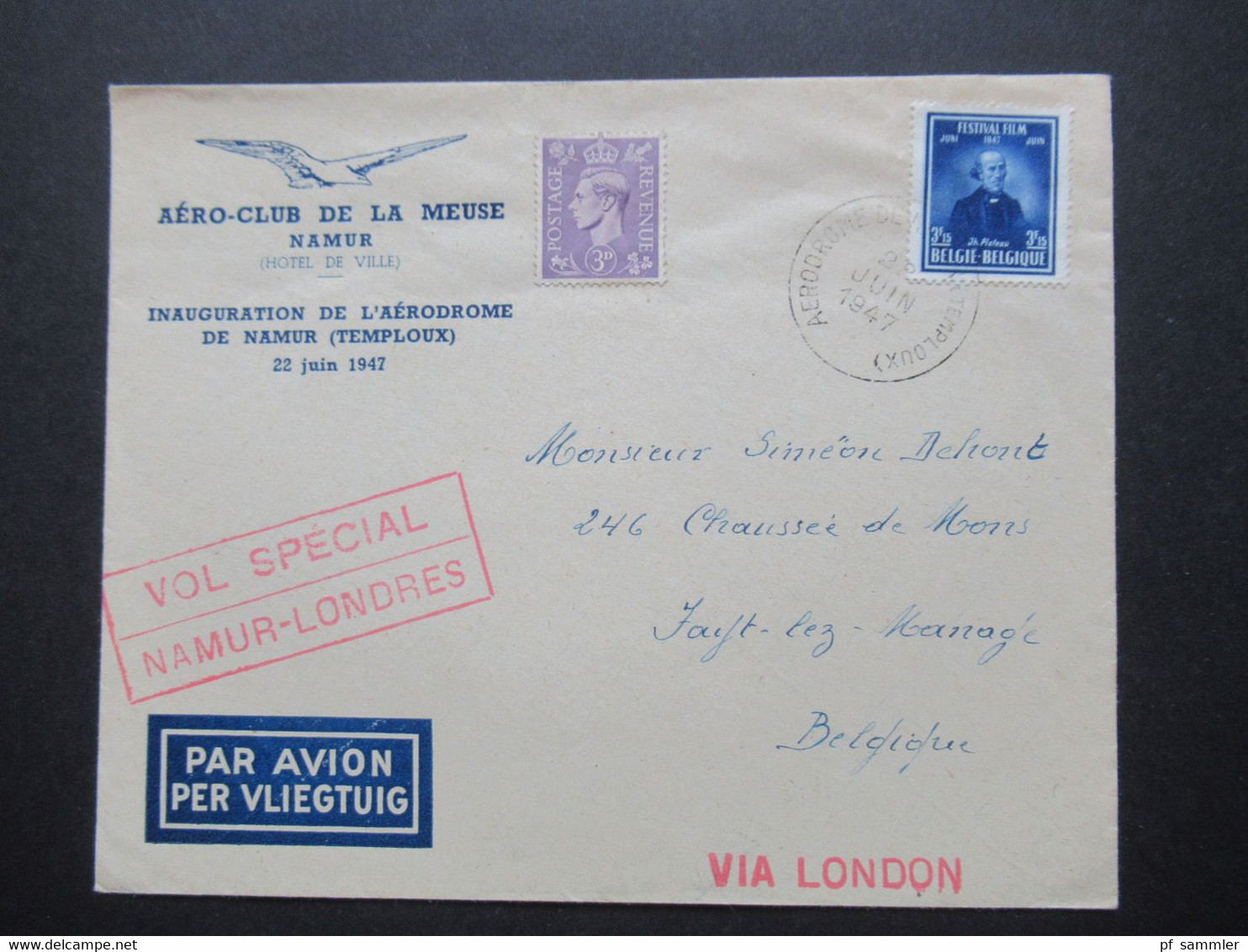 Belgien 1947 Aero Club De La Meuse Namur Hotel De Ville Luftpost Mit Inhalt Courrier Aerien Special - Storia Postale