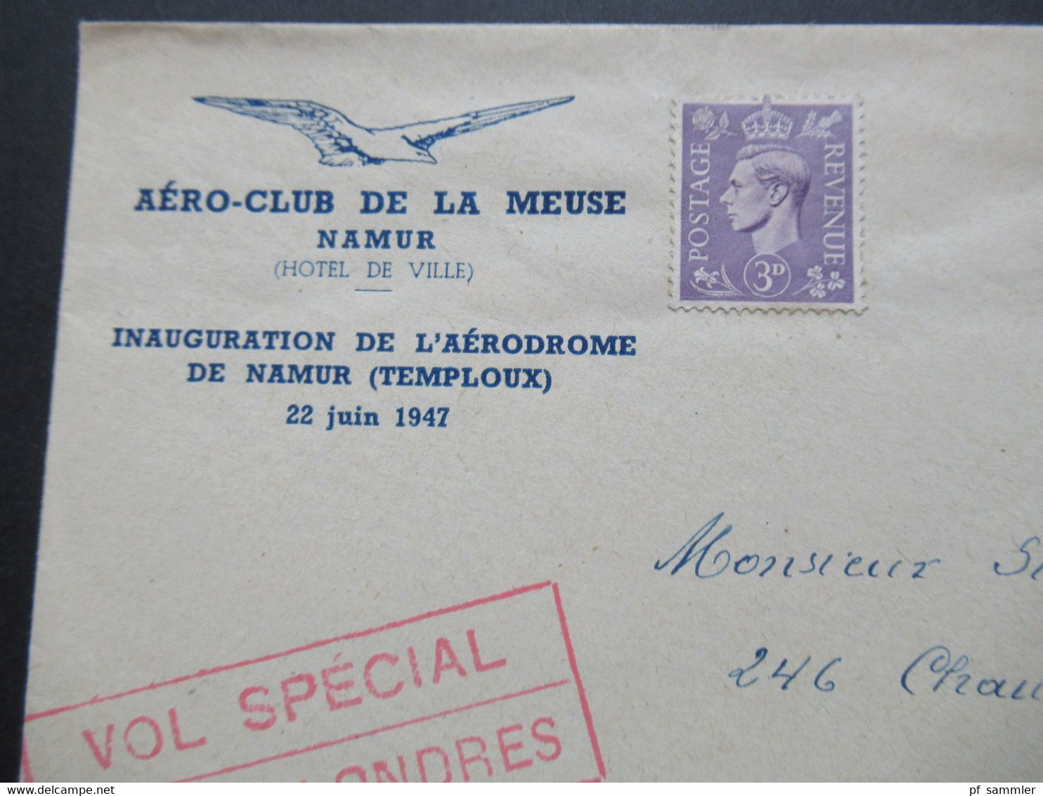 Belgien 1947 Aero Club De La Meuse Namur Hotel De Ville Luftpost Mit Inhalt Courrier Aerien Special - Brieven En Documenten