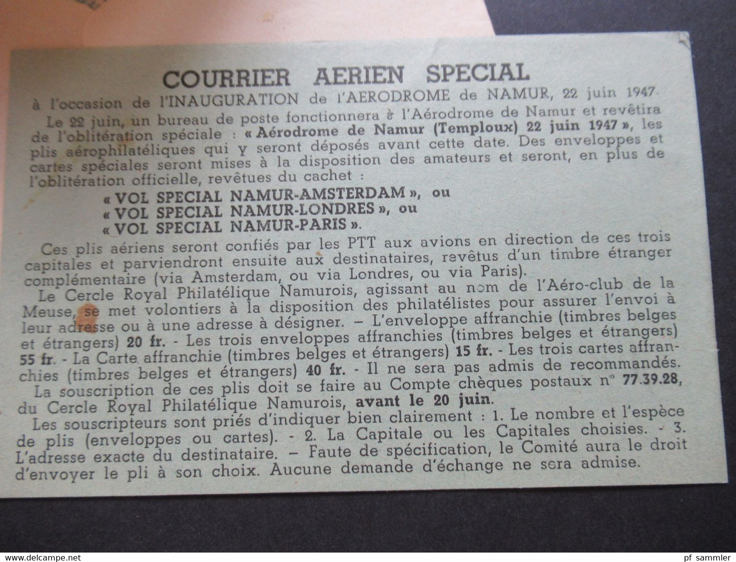 Belgien 1947 Aero Club de la Meuse Namur Hotel de Ville Luftpost mit Inhalt Courrier Aerien Special