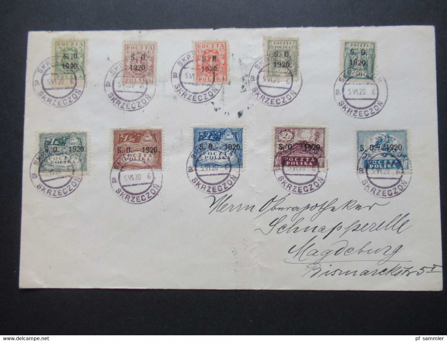 Polen 1920 Ostschlesien Nr.1 - 10 Freimarken Teschen Nord Und Südpolen Satzbrief Stempel Skrzeczon Nach Magdeburg - Bezetting