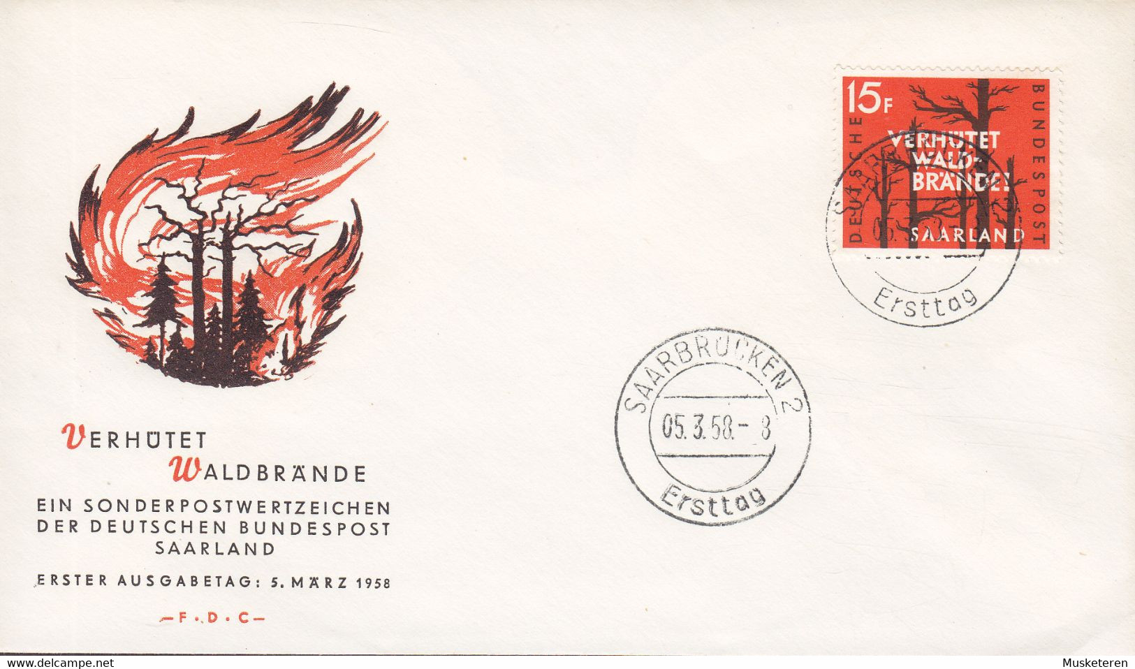 Saar Ersttags Brief FDC Cover 1958 Waldbrandverhütung Forest Fire Prevention - FDC