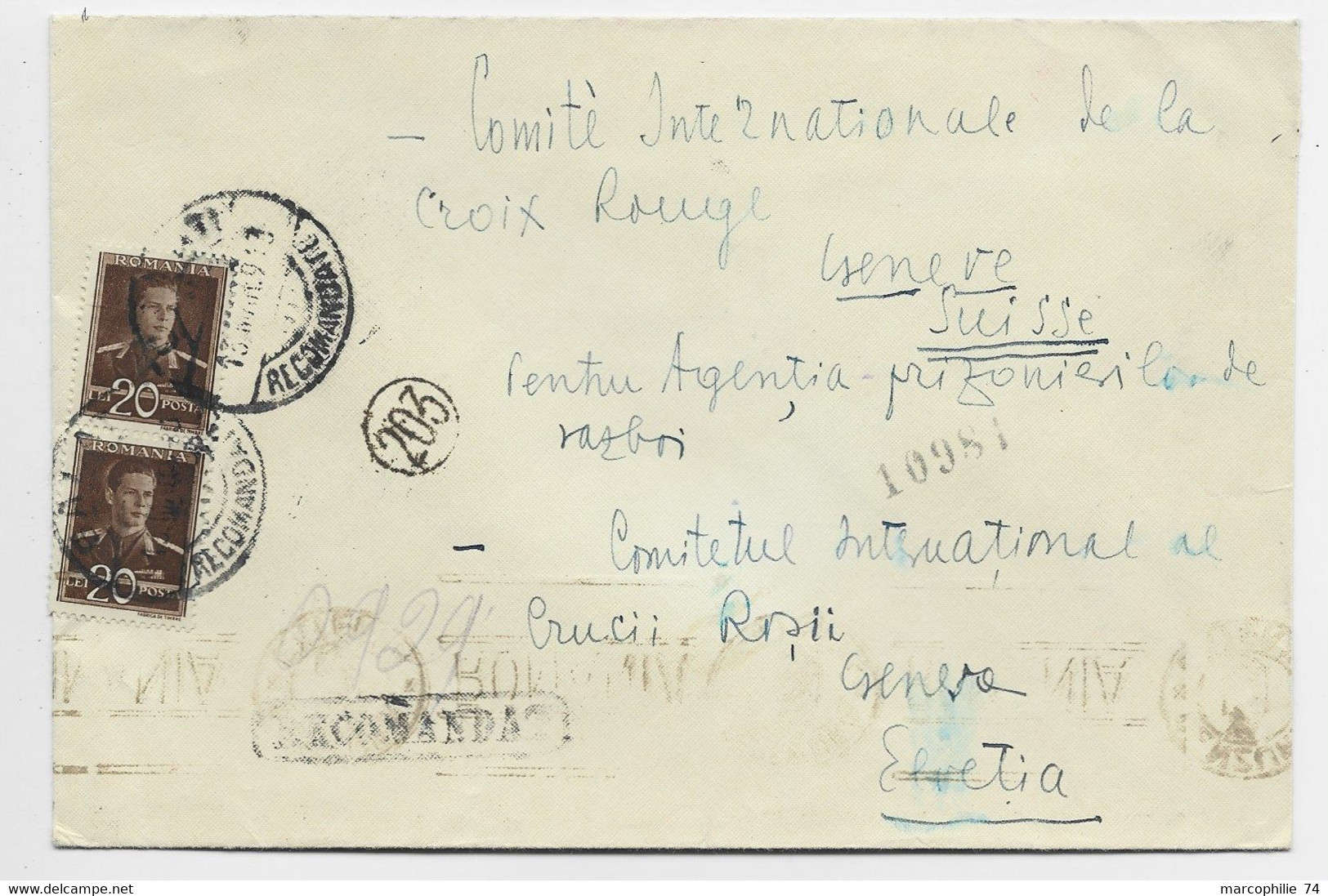 ROMANIA 20 LEI X2 GALATI 1943 REC LETTRE COVER TO CROIX ROUGE GENEVE SUISSE CENZURA - Cartas De La Segunda Guerra Mundial