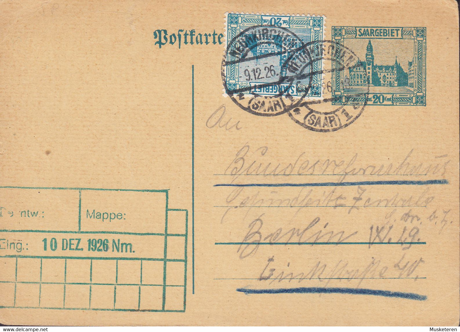 Saargebiet Uprated Postal Stationery Ganzsache Entier Postkarte NEUNKIRCHEN (Saar) 1926 BERLIN (2 Scans) - Postwaardestukken