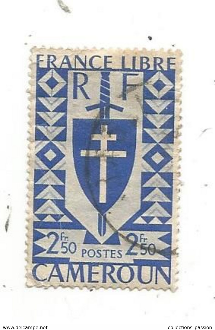 JC , Timbre ,CAMEROUN ,FRANCE LIBRE ,guerre 1939-45, 2 Fr 50 - Usati