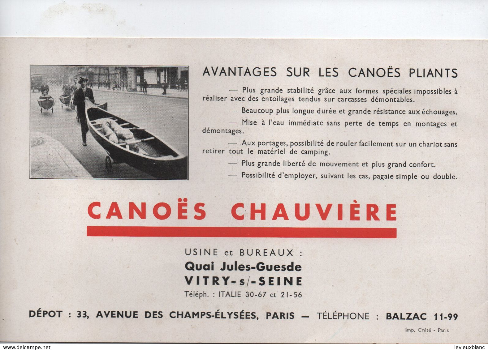 Dépliant Commercial à 3 Volets ( 6 Pages)/ CANOËS CHAUVIERE/ Capro-Canadia/VITRY Sur SEINE/Vers 1930-1945         MAR85 - Sports & Tourism