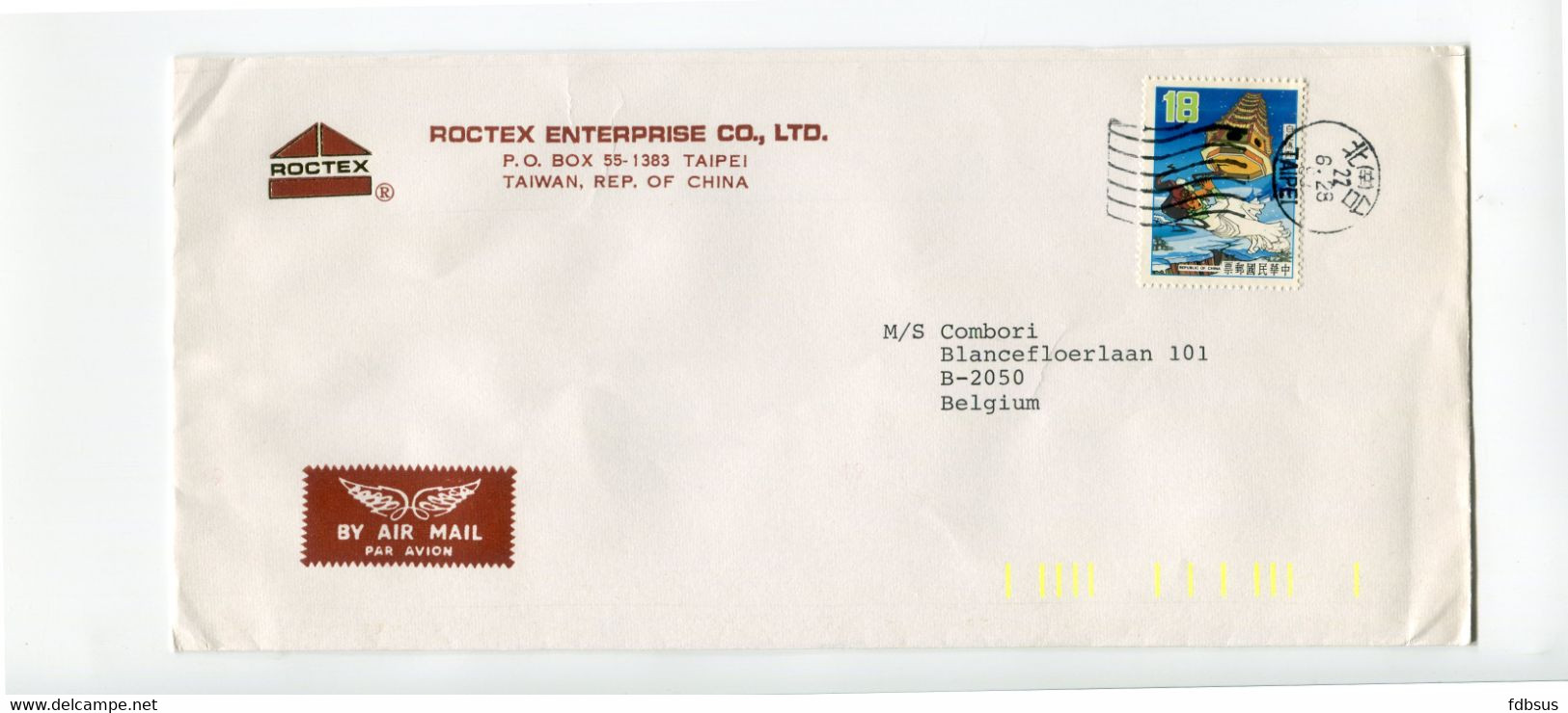 Nice Airmail Cover From ROCTEX ENTERPRISE CO LTD Taipei To Belgium - See Scan For Stamp (s) And Cancellations - Otros & Sin Clasificación