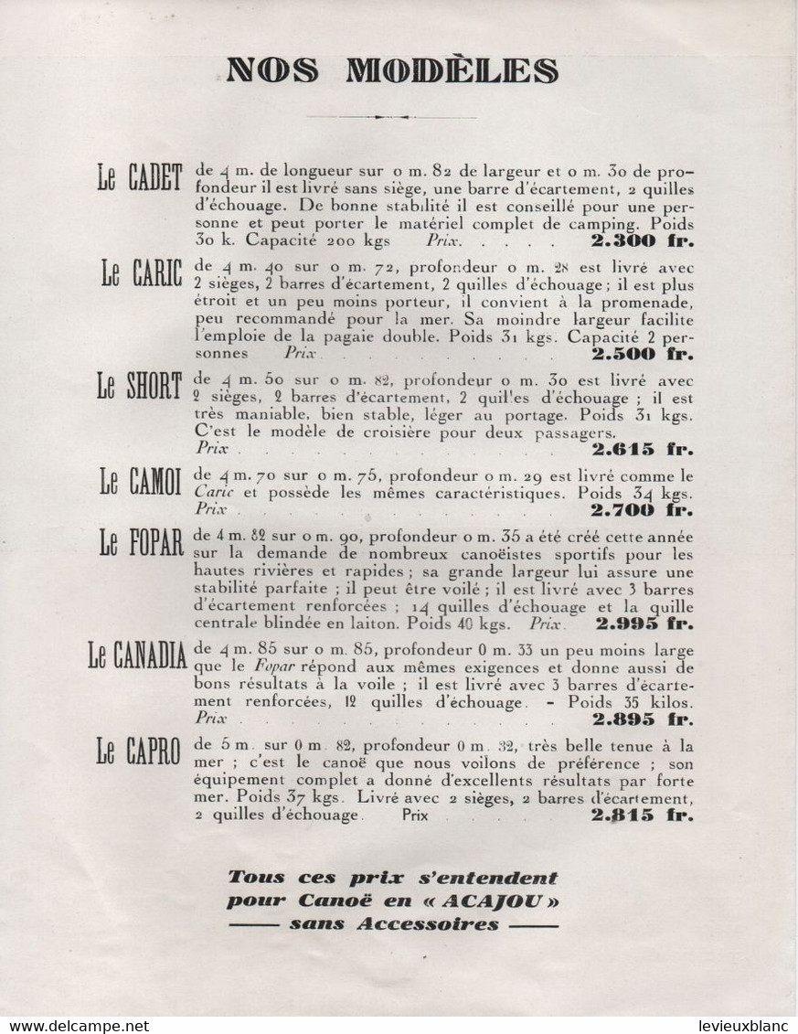 Prospectus Commercial  Grand Format à 2 Volets (4 Pages)/CANOËS CHAUVIERE/Vitry Sur Seine/ Paris/Vers 1930-1945    MAR87 - Sport & Tourismus