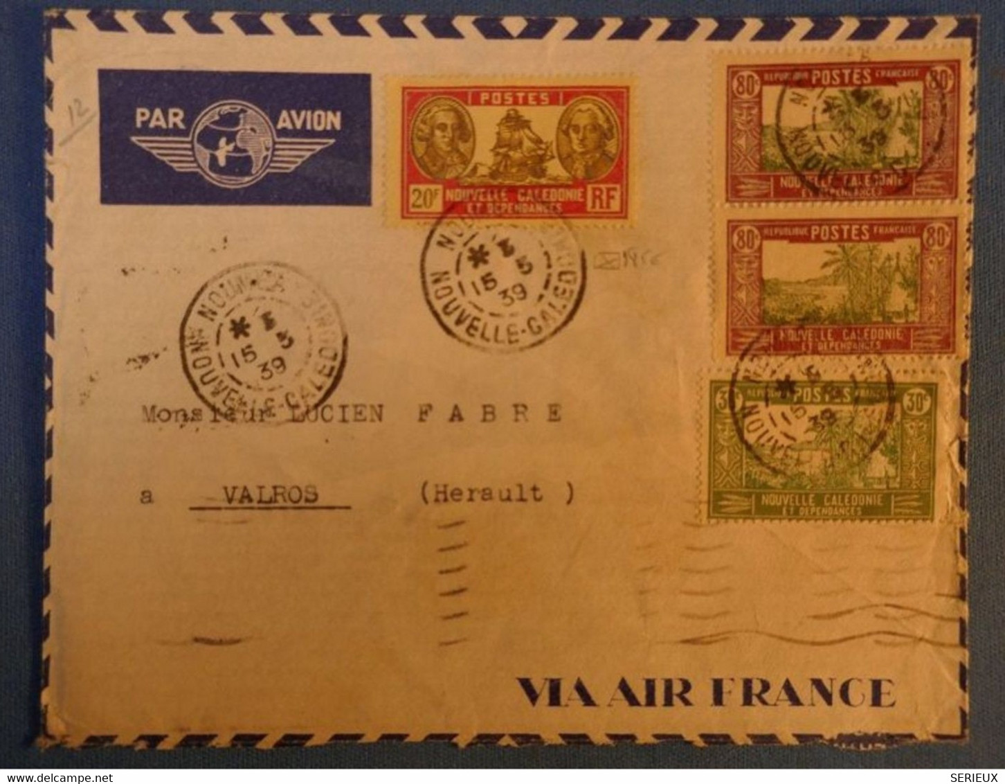 F1 NOUVELLE CALEDONIE BELLE LETTRE 1939 PAR AVION NOUMEA POUR VALROS HERAULT +PAIRE+ AIR FRANCE - Brieven En Documenten
