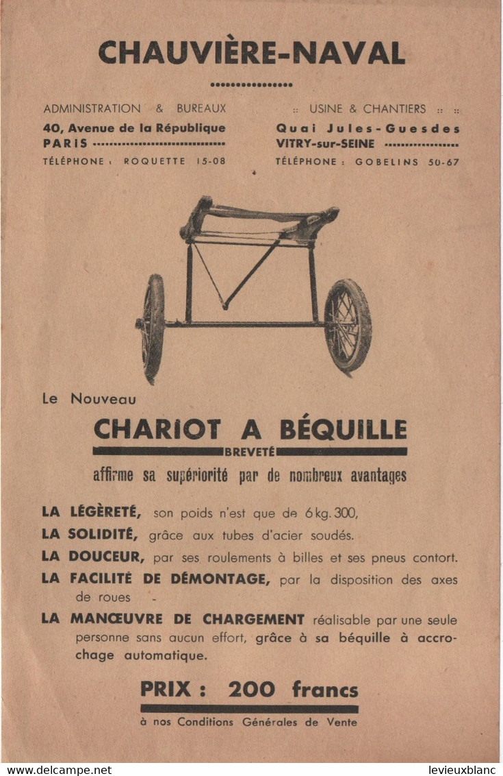 Prospectus Commercial  Sans Verso/Chariot à Béquille/ CHAUVIERE-NAVAL/Vitry Sur Seine/Paris/Vers 1930-1945    MAR88 - Sport En Toerisme