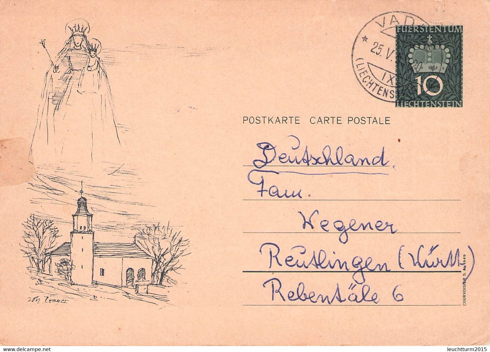 LIECHTENSTEIN - POSTKARTE 10R 1953 > REUTLINGEN / QC158 - Interi Postali
