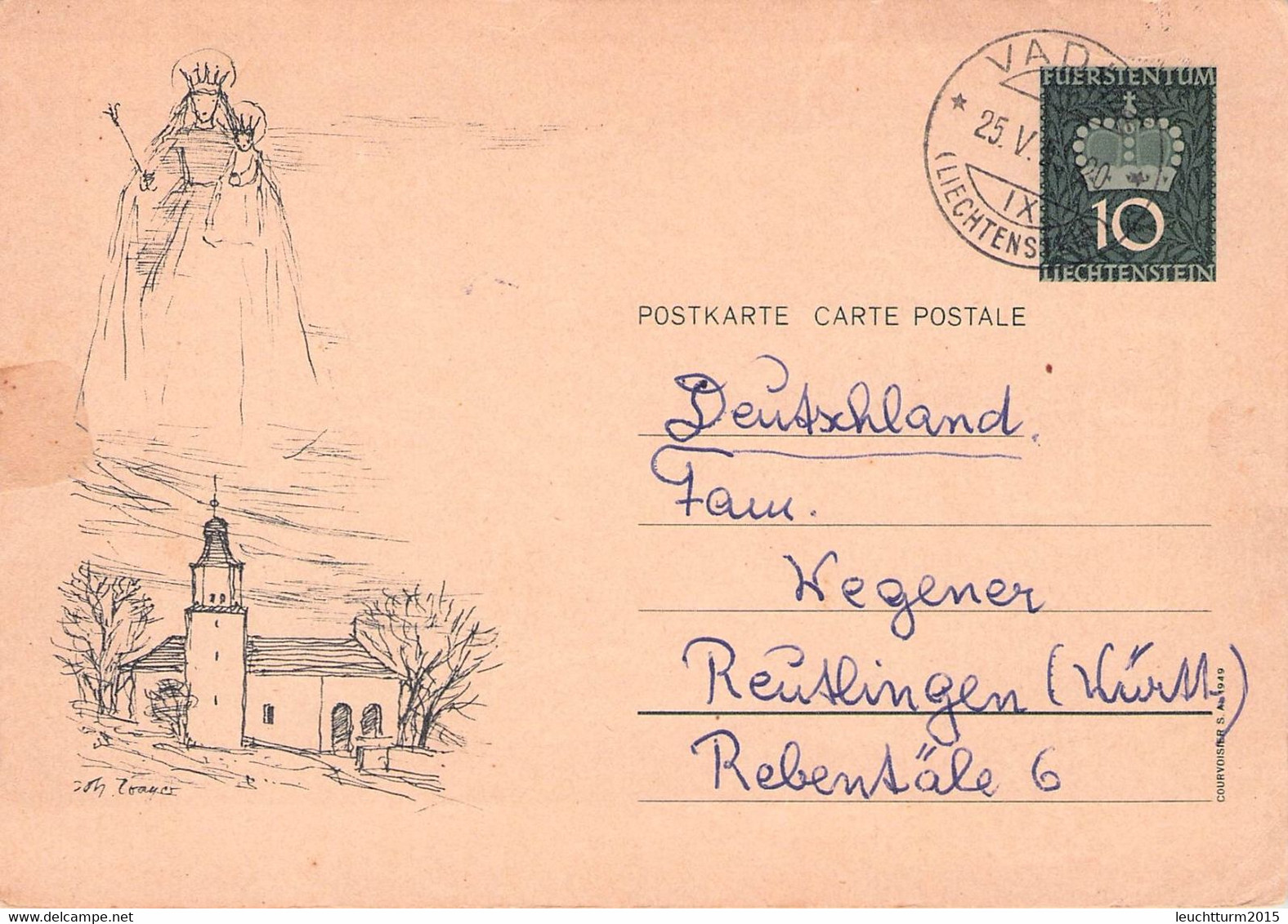 LIECHTENSTEIN - POSTKARTE 10R 1953 > REUTLINGEN / QC158 - Postwaardestukken