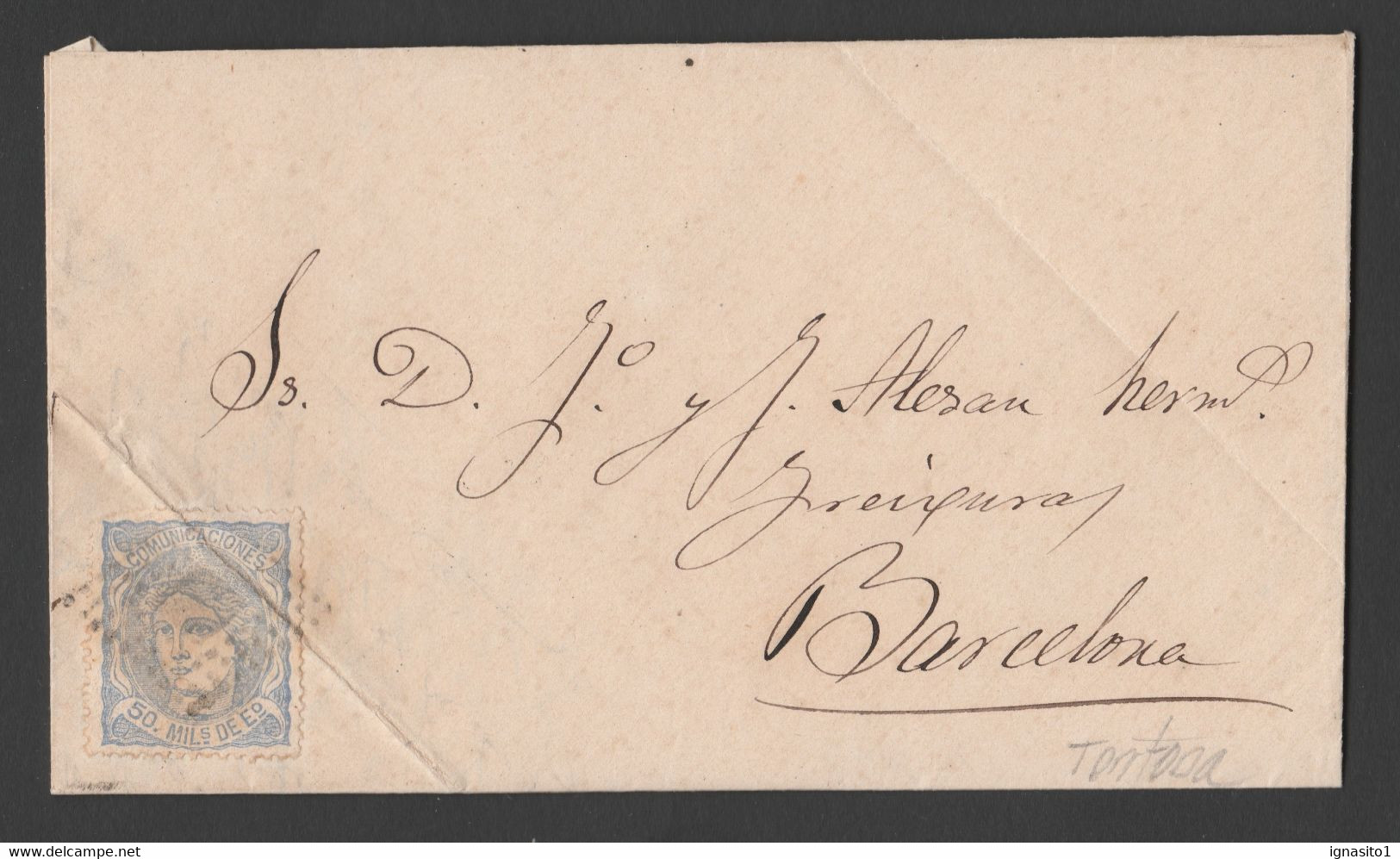 1870 Sobreescrito Matrona Ed 107 De 50 Milésimas. Enviada Desde Tortosa (Tarragona) - Storia Postale