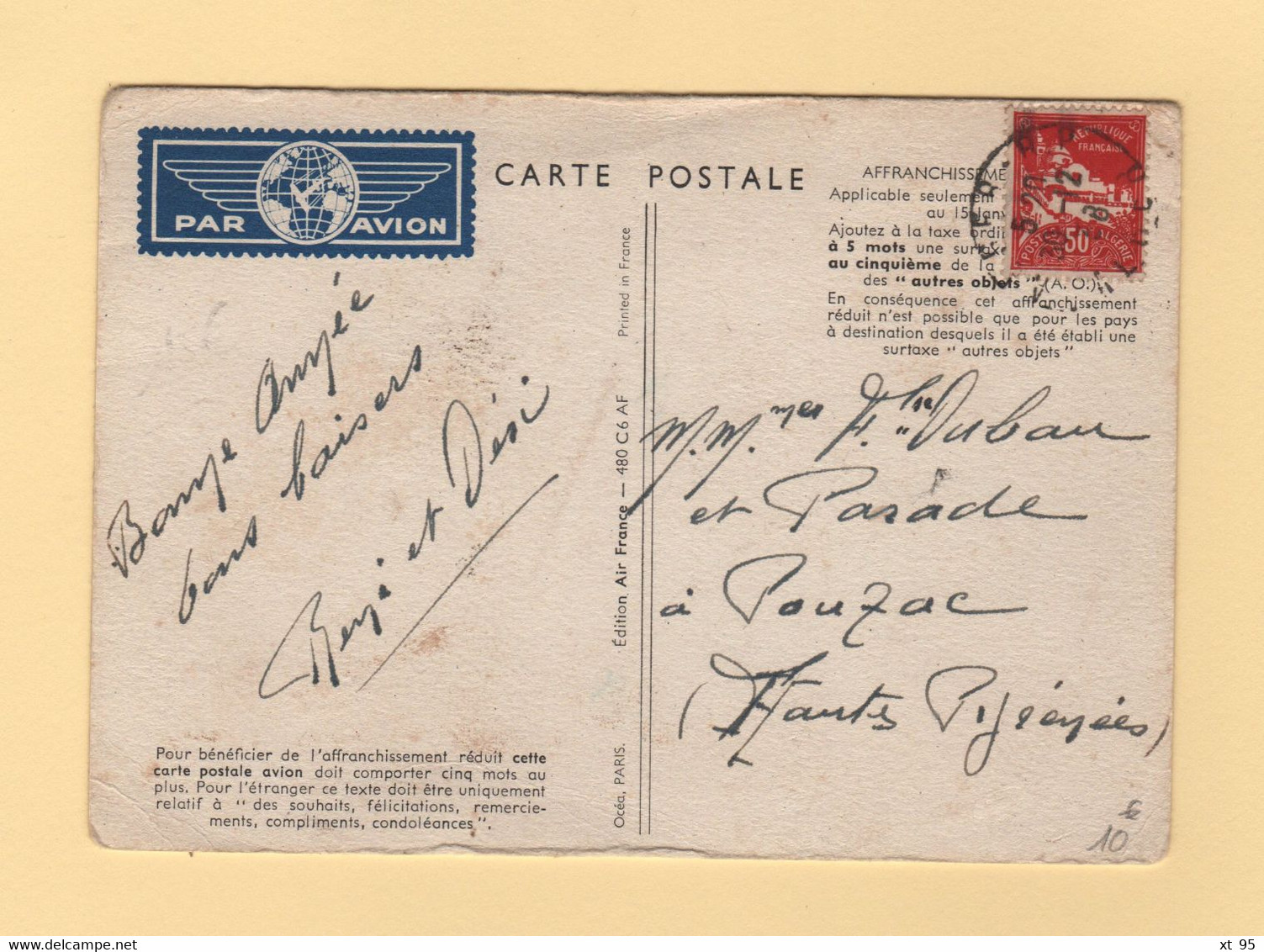 Air France - Carte Postale Affranchissement Reduit - Alger - 1938 - 1960-.... Storia Postale