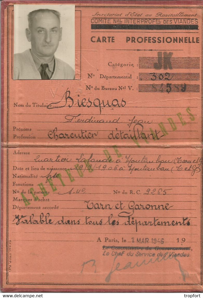 GV /  Carte Ancienne CARTE PROFESSIONNELLE Charcutier Détaillant 1946  VIANDE MONTAUBAN - Decretos & Leyes