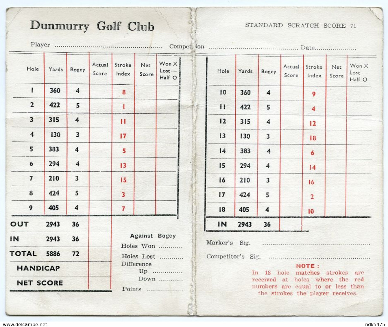 DUNMURRY GOLF CLUB, BELFAST : SCORE CARD - Habillement, Souvenirs & Autres