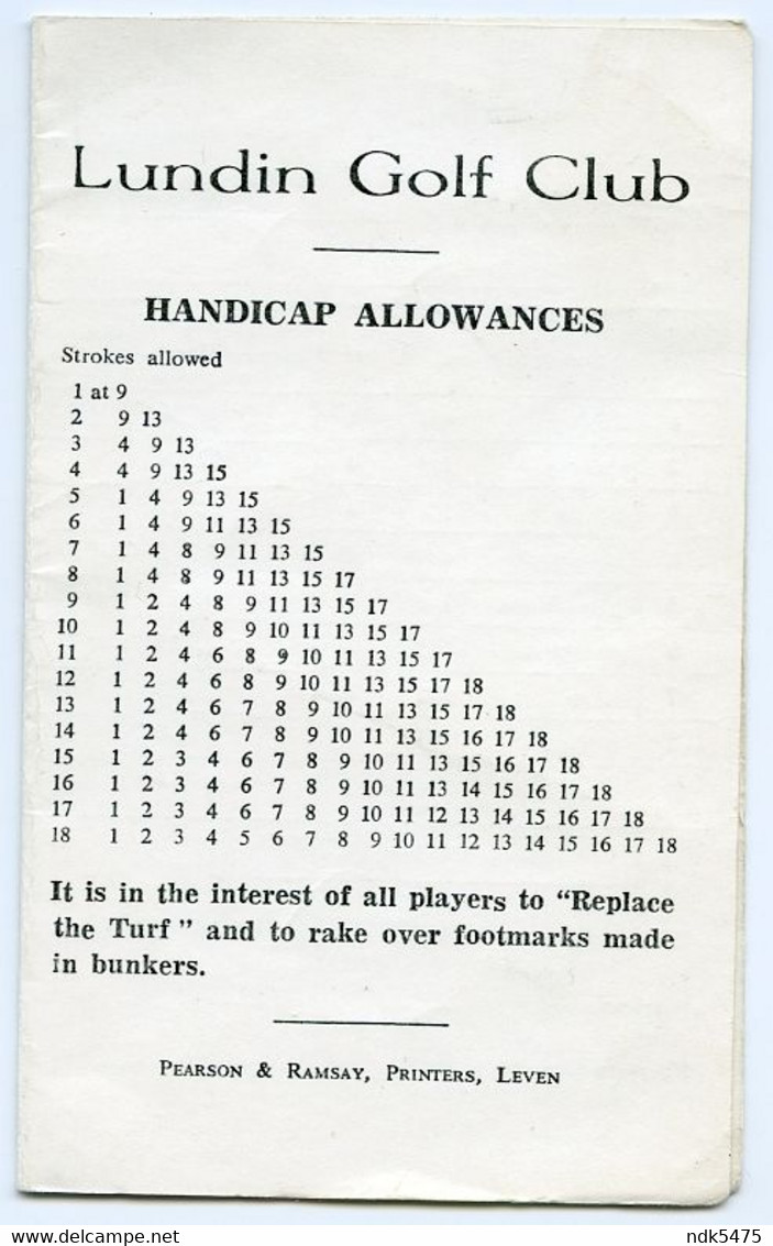 LUNDIN GOLF CLUB, ST ANDREWS : SCORE CARD, 1970 - Uniformes Recordatorios & Misc