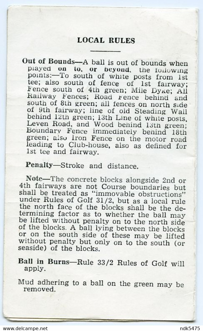 LUNDIN GOLF CLUB, ST ANDREWS : SCORE CARD, 1970 - Kleding, Souvenirs & Andere