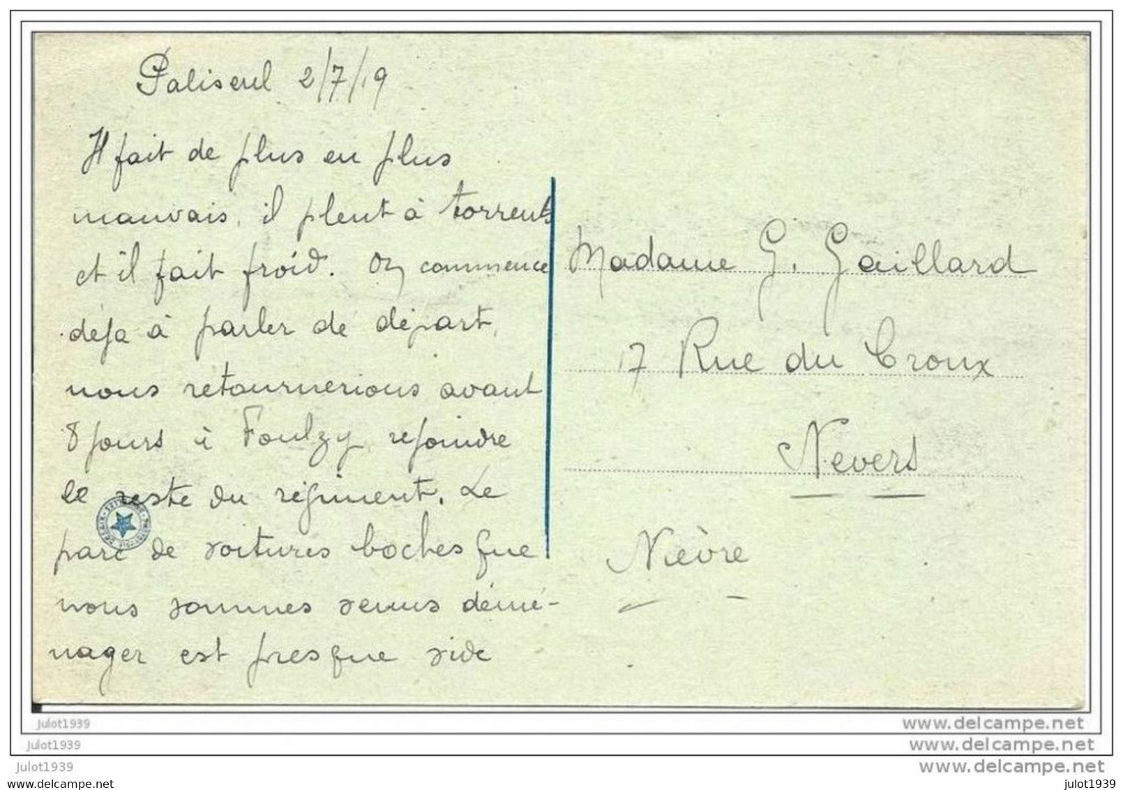 NEVERS ..-- PALISEUL ..-- MILITARIA . Chapelle Saint - Roch . 1919 Vers NEVERS ( Mme G. GAILLARD ) . Voir Document !!! - Nevers