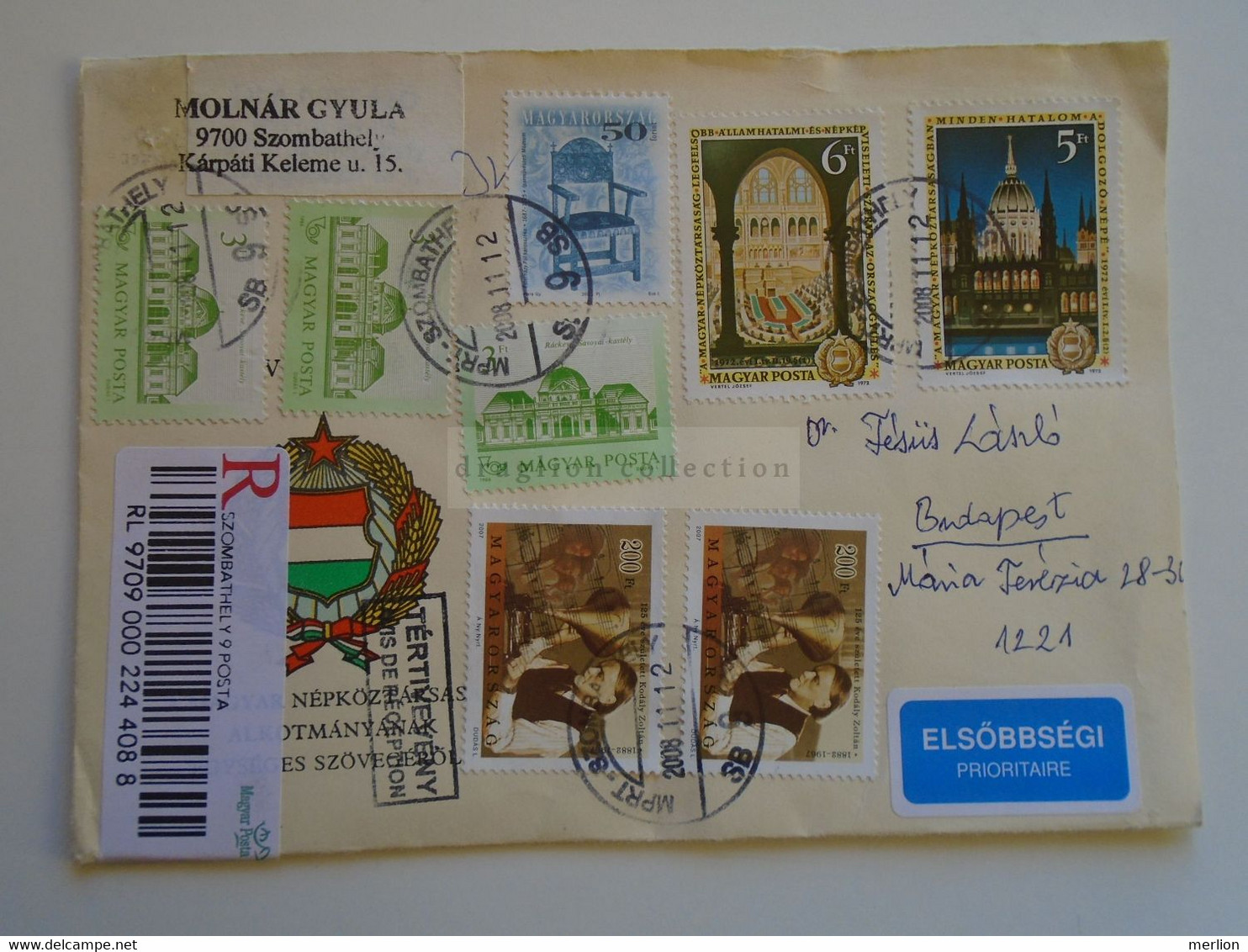 D185209  Hungary Registered  Priority Cover  - Cancel 2008  Szombathely -Avis De Reception - Briefe U. Dokumente