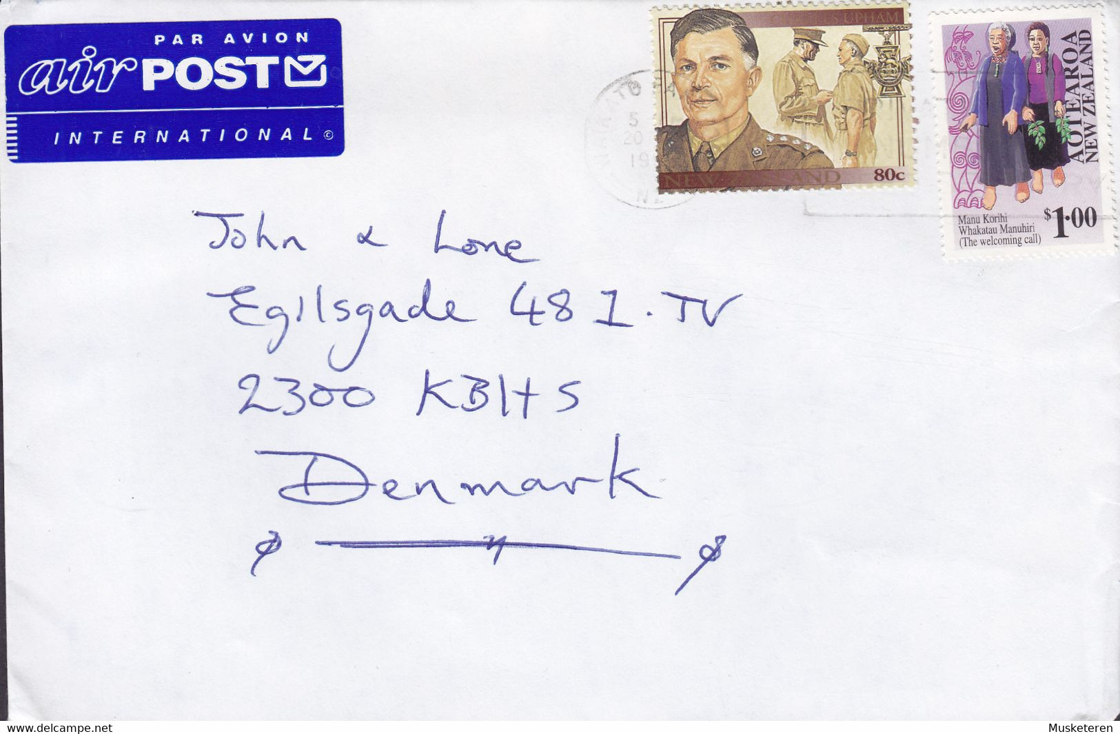 New Zealand AIRPOST Par Avion Label WAIKATO 1995 Cover Denmark Charles Upham V.C. Victoria Cross Stamp - Airmail