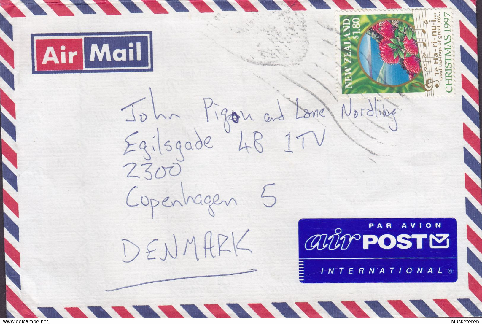 New Zealand AIRPOST Par Avion Label AUKLAND 1997 Cover Denmark 1.80$ Christmas Weihnachten Noel Jul Natale Navidad - Posta Aerea