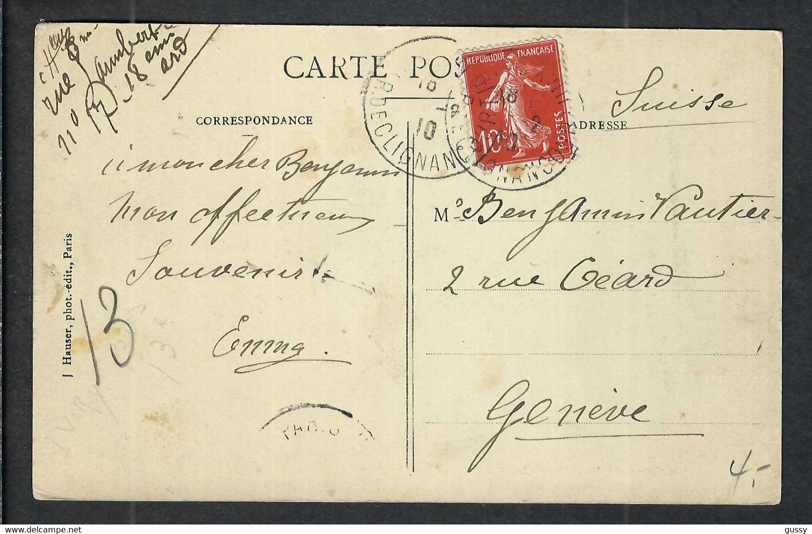 FRANCE 1910:  CP De Paris (Crues De La Seine) Pour Genève Avec Le Y&T 138a - Covers & Documents