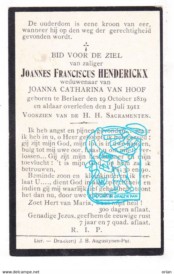 DP Joannes Franciscus Henderickx ° Berlaar 1819 † 1911 X Joanna Cath. Van Hoof - Devotieprenten