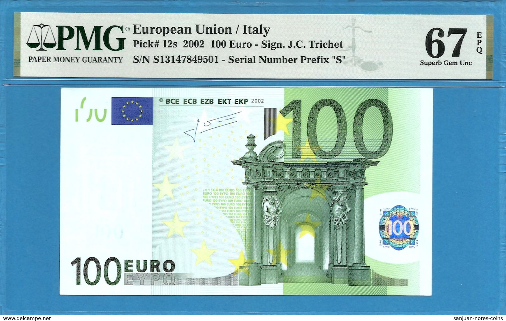 100 EURO ITALY TRICHET S-J015 PMG 67 (D050) - 100 Euro