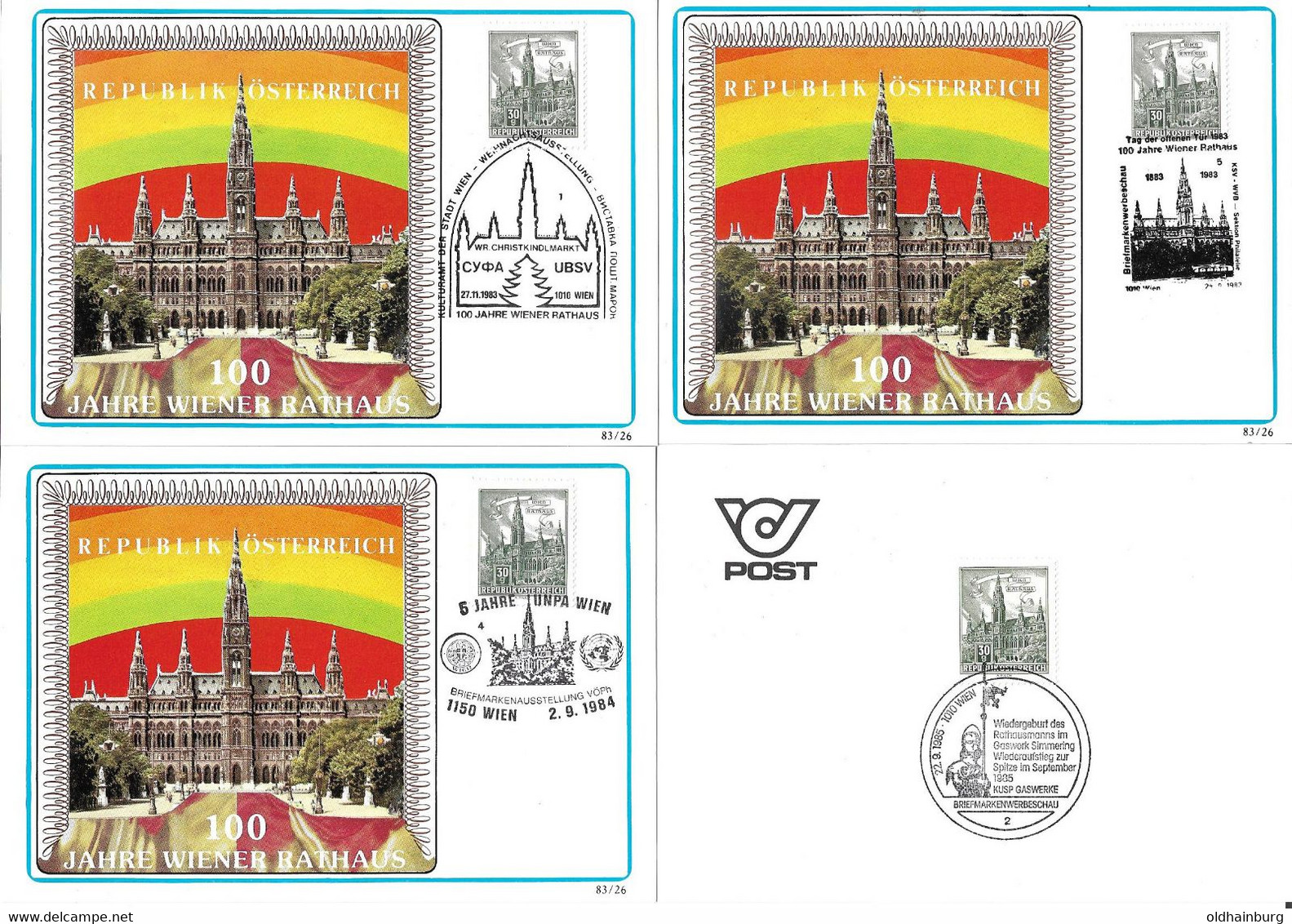 3185d: Wiener Rathaus, Architekt Friedrich Schmidt, Sonderstempel- Set Auf Maximumkarten Zum 100- Jährigen Jubiläum - Ringstrasse