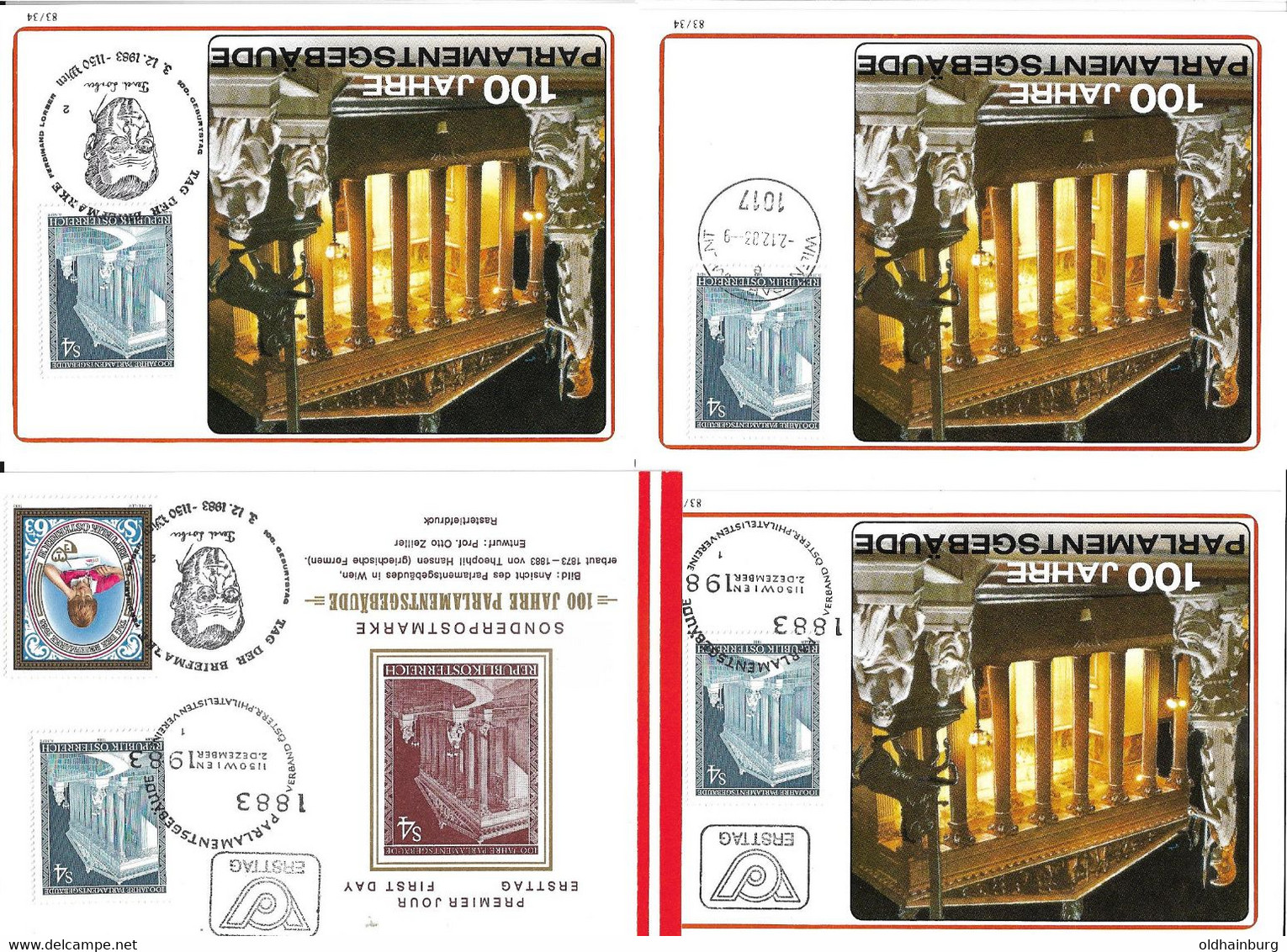 3185j: Wiener Parlament, Architekt Theophil Hansen, Sonderstempel- Set Auf 4 Belegen (FDC Und 3 Maximumkarten) - Ringstrasse