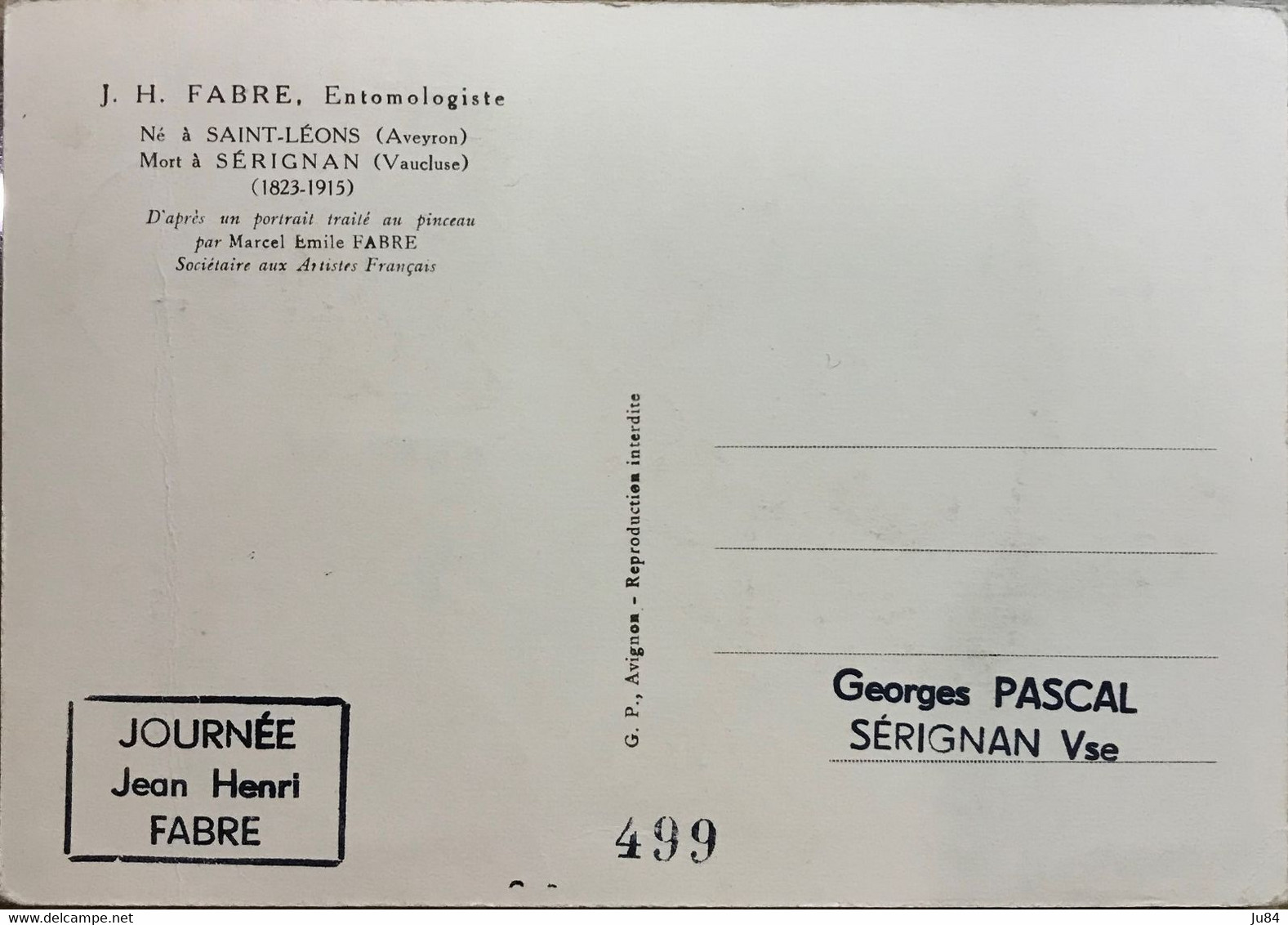 Vaucluse - Sérignan Du Comtat - Carte Maximum - J. H. Fabre Entomologiste - Carte N°499 - Signée - 7 Avril 1956 - 1950-1959
