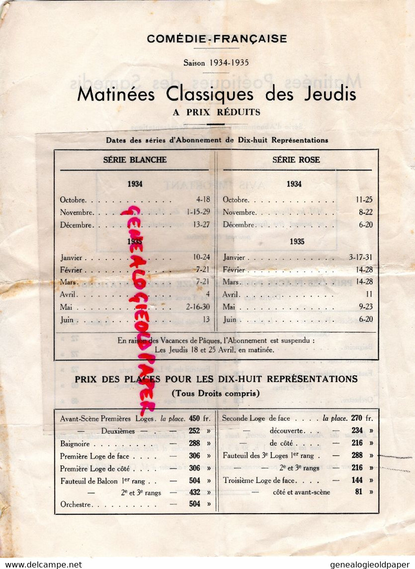 75- PARIS- PROGRAMME PRIX DES PLACES COMEDIE FRANCAISE 1934-1935- - Programmes