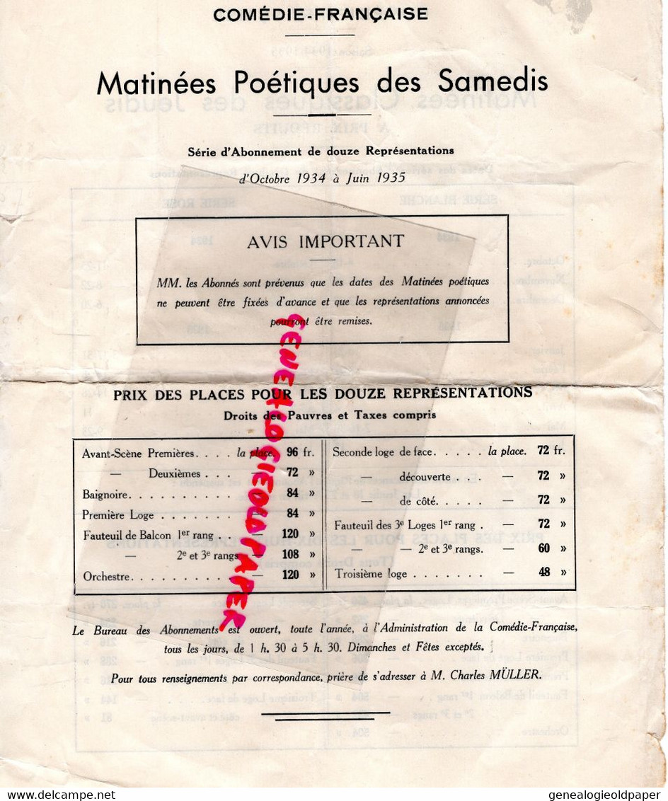 75- PARIS- PROGRAMME PRIX DES PLACES COMEDIE FRANCAISE 1934-1935- - Programma's