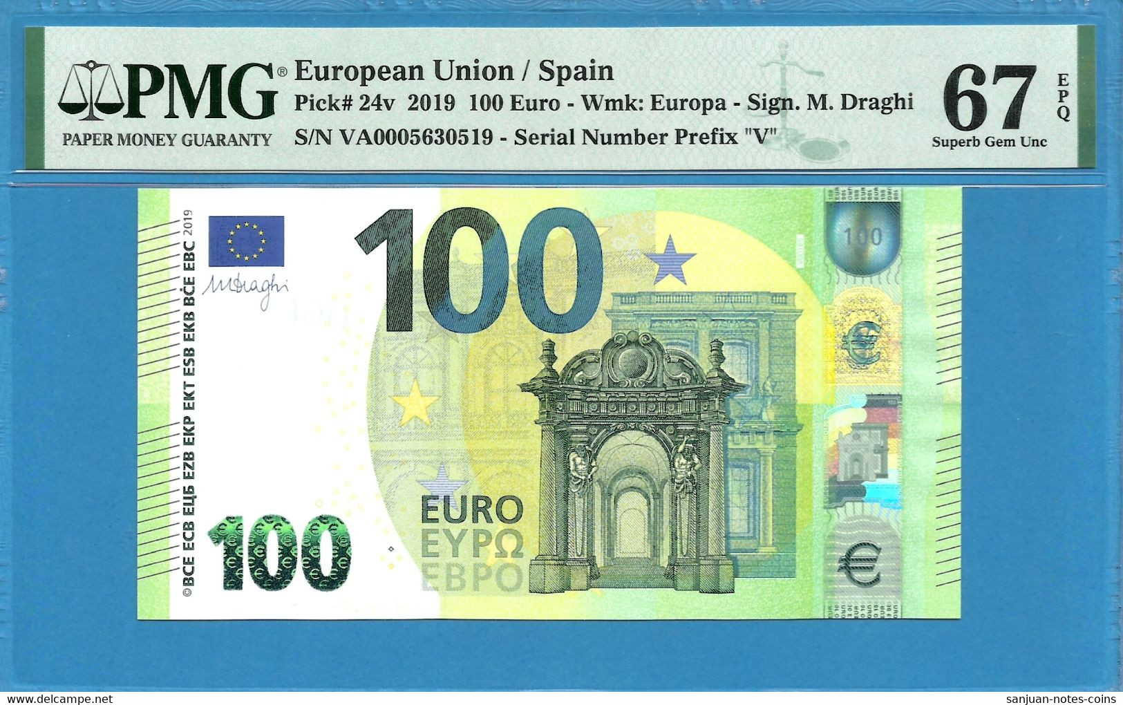 100 EURO SPAIN DRAGHI  VA000-V001 PMG 67 (D083) - 100 Euro