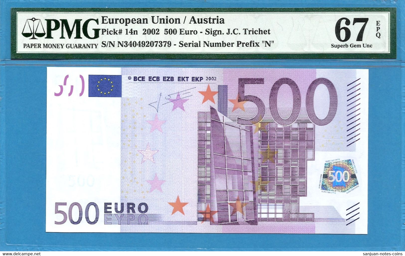 500 EURO AUSTRIA TRICHET N-F005 PMG 67 (D086) - 500 Euro