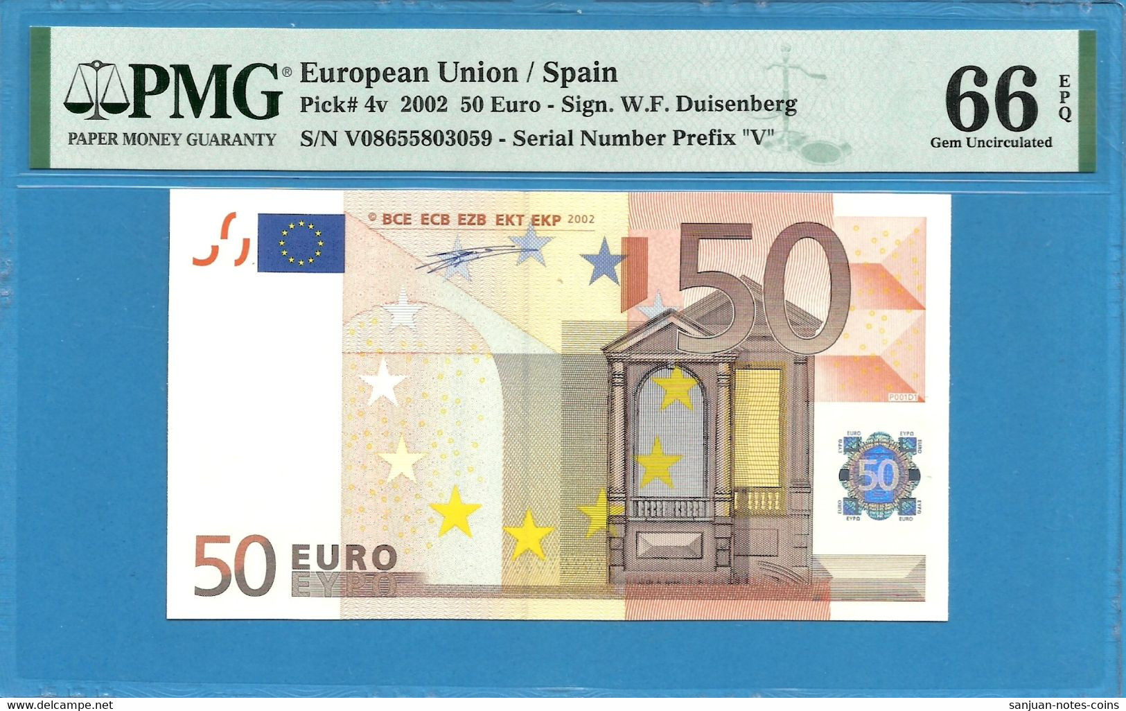 50 EURO SPAIN DUISENBERG Very Rare V-P001 PMG 66 (D088) - 50 Euro