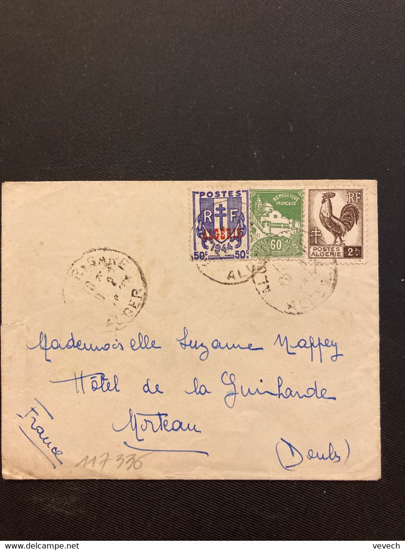 LETTRE TP COQ D'ALGER 2F + TP 60c + TP CHAINES BRISEES 50c Surch. ALGERIE OBL.20-2 46 ALGER - 1944 Coq Et Marianne D'Alger