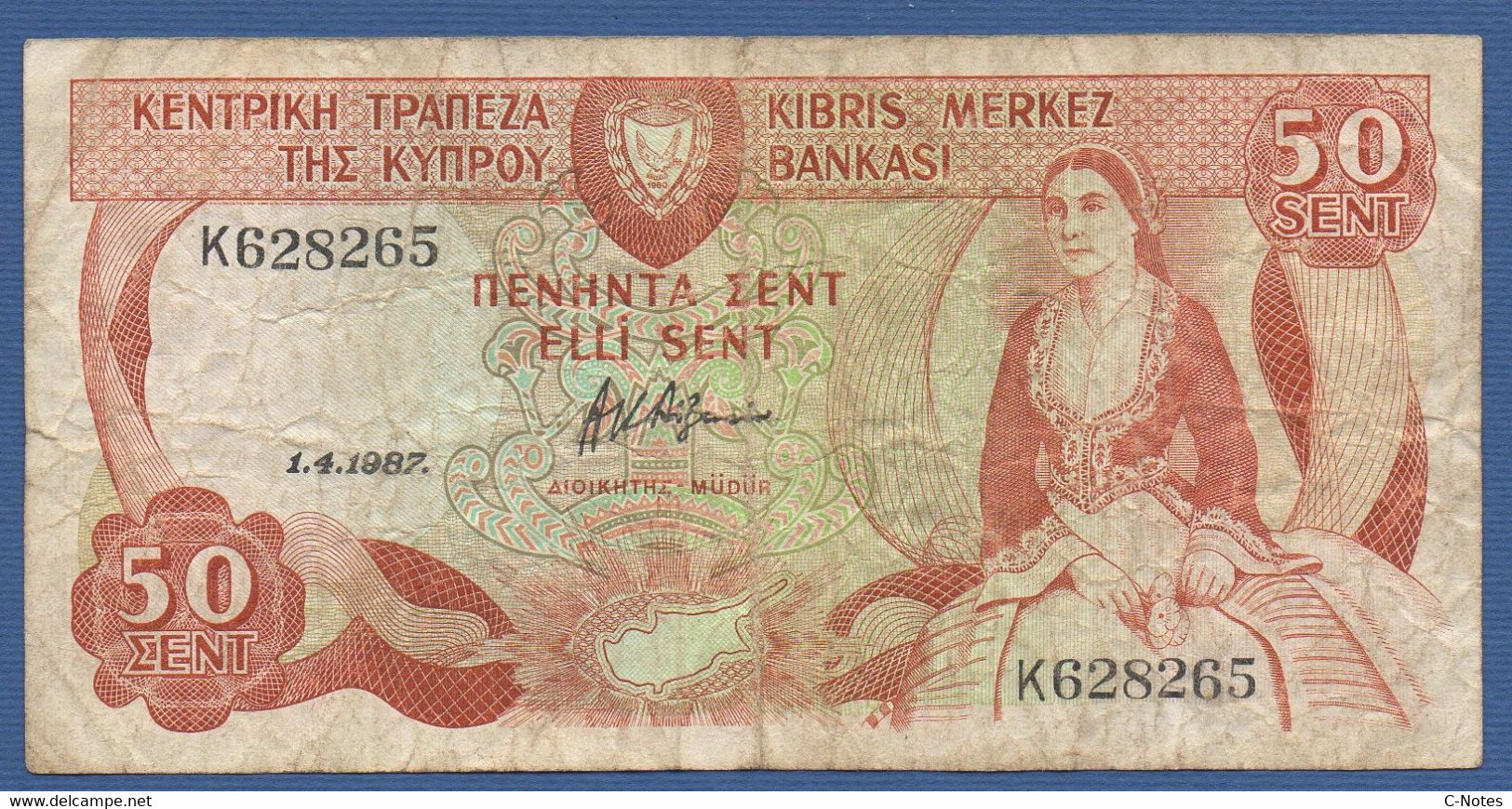 CYPRUS - P.52a – 50 Cents / Sent 01.04.1987 Circulated Serie K628265 - Cyprus