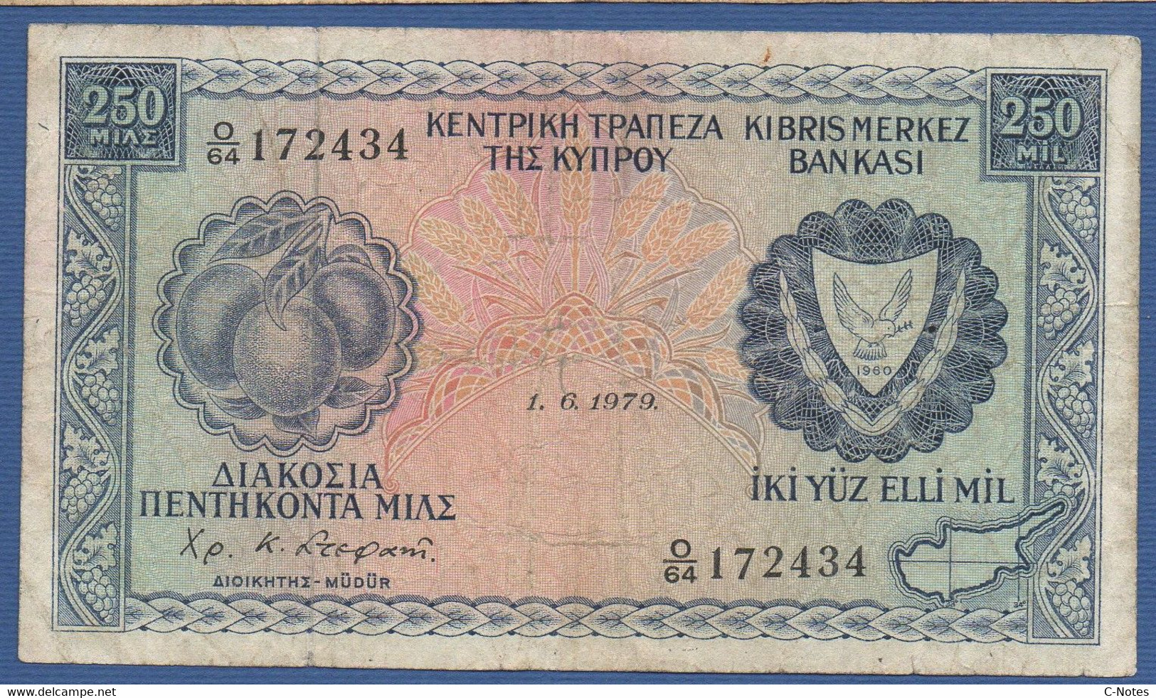 CYPRUS - P.41c – 250 Mils / Mil 01.06.1979 Circulated Serie O/64 172434 - Chypre