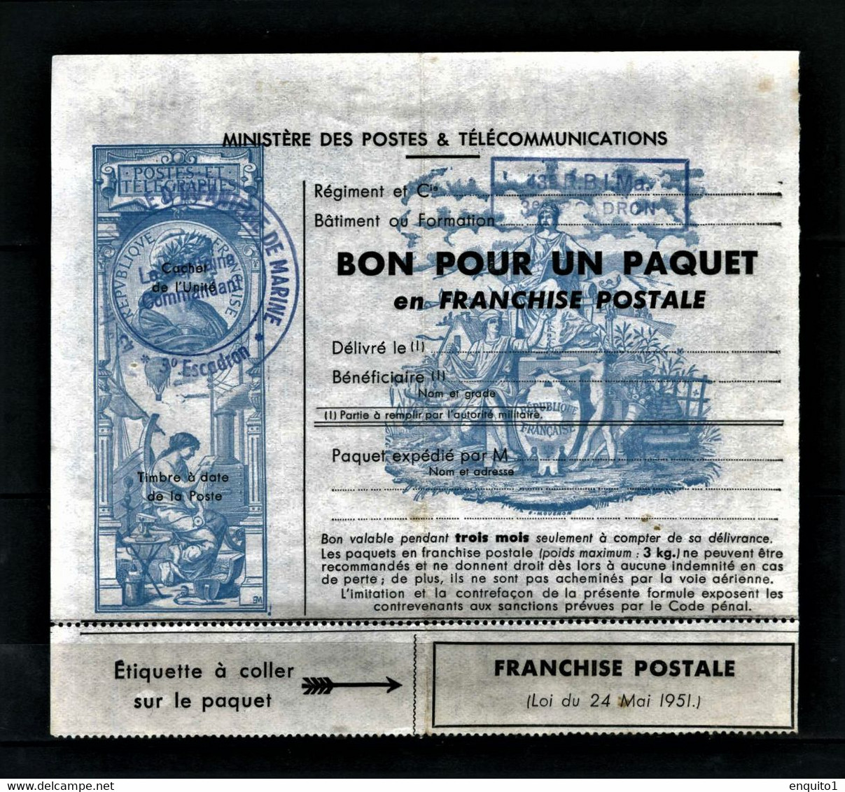 FRANCE; Franchise Militaire- Bon Pour L'envoi Gratuit D'un Paquet En Franchise Postale. - Timbres De Franchise Militaire