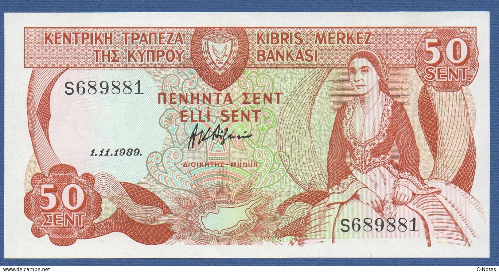 CYPRUS - P.52 (3) – 50 Cents / Sent 01.11.1989 UNC Serie S 689881 - Cipro